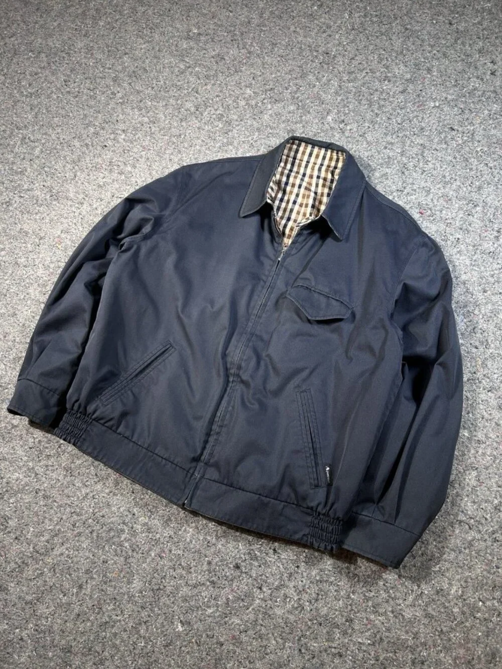 Aquascutum Reversible Harrington Jacket Mens L Navy Tattersall Plaid Zip Up